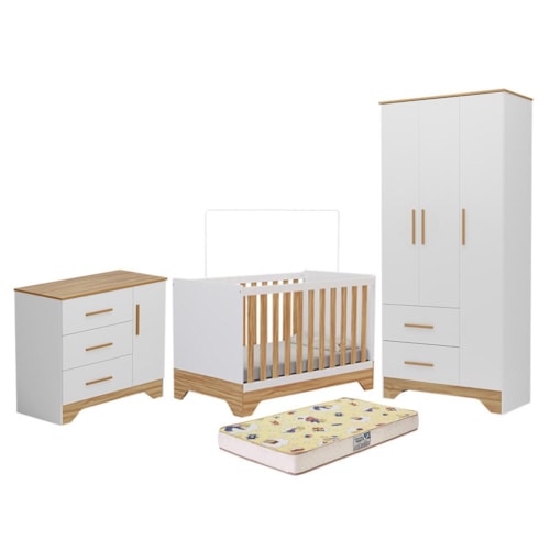 Dormitório Infantil Popy Retrô Plus Guarda Roupa, Cômoda e Berço Branco Brilho/Amêndoa com Colchão Supreme - Móveis Peroba