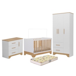 Dormitório Infantil Popy Retrô Plus Guarda Roupa, Cômoda e Berço Branco Brilho/Amêndoa com Colchão Supreme - Móveis Peroba