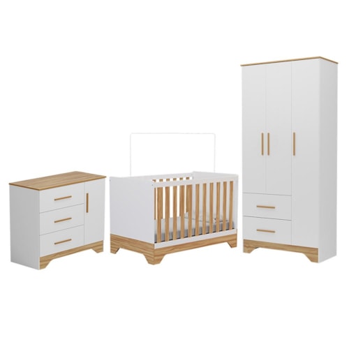 Dormitório Infantil Popy Retrô Plus Guarda Roupa, Cômoda e Berço Branco Brilho/Amêndoa - Móveis Peroba