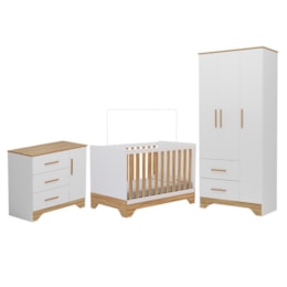 Dormitório Infantil Popy Retrô Plus Guarda Roupa, Cômoda e Berço Branco Brilho/Amêndoa - Móveis Peroba