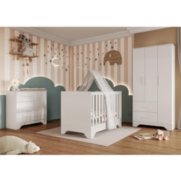 Dormitório Infantil Popy Retrô Plus Guarda Roupa, Cômoda e Berço Branco Brilho com Colchão Baby Physical - Móveis Peroba