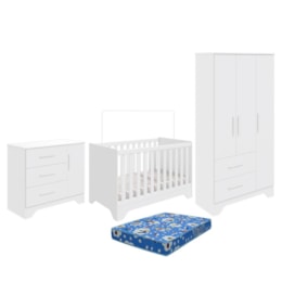 Dormitório Infantil Popy Retrô Plus Guarda Roupa, Cômoda e Berço Branco Brilho com Colchão Baby Physical - Móveis Peroba