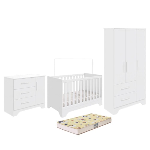 Dormitório Infantil Popy Retrô Plus Guarda Roupa, Cômoda e Berço Branco Brilho com Colchão Supreme - Móveis Peroba