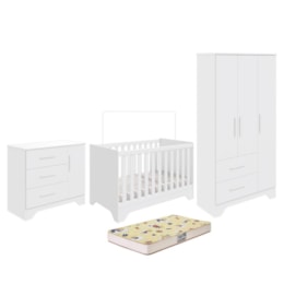 Dormitório Infantil Popy Retrô Plus Guarda Roupa, Cômoda e Berço Branco Brilho com Colchão Supreme - Móveis Peroba