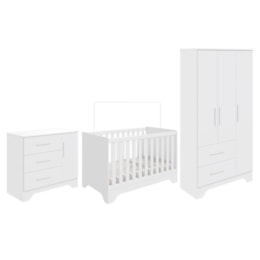 Dormitório Infantil Popy Retrô Plus Guarda Roupa, Cômoda e Berço Branco Brilho - Móveis Peroba