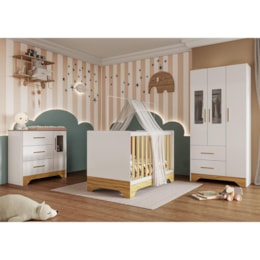 Dormitório Infantil Popy Retrô Plus Janelas Guarda Roupa, Cômoda e Berço Branco Brilho/Amêndoa com Colchão Baby Physical - Móveis Peroba