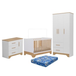 Dormitório Infantil Popy Retrô Plus Janelas Guarda Roupa, Cômoda e Berço Branco Brilho/Amêndoa com Colchão Baby Physical - Móveis Peroba