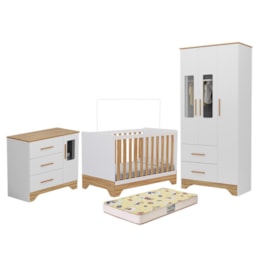 Dormitório Infantil Popy Retrô Plus Janelas Guarda Roupa, Cômoda e Berço Branco Brilho/Amêndoa com Colchão Supreme - Móveis Peroba Dormitório Infantil Popy Retrô Plus Janelas Guarda Roupa, Cômoda e Berço Branco Brilho/Amêndoa com Colchão Supreme - Móveis Peroba