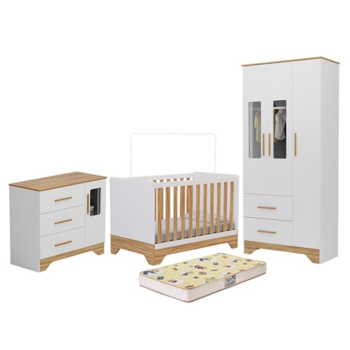 Dormitório Infantil Popy Retrô Plus Janelas Guarda Roupa, Cômoda e Berço Branco Brilho/Amêndoa com Colchão Supreme - Móveis Peroba