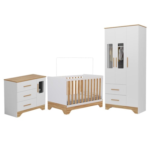 Dormitório Infantil Popy Retrô Plus Janelas Guarda Roupa, Cômoda e Berço Branco Brilho/Amêndoa - Móveis Peroba