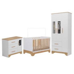 Dormitório Infantil Popy Retrô Plus Janelas Guarda Roupa, Cômoda e Berço Branco Brilho/Amêndoa - Móveis Peroba