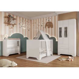 Dormitório Infantil Popy Retrô Plus Janelas Guarda Roupa, Cômoda e Berço Branco Brilho com Colchão Baby Physical - Móveis Peroba