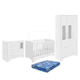 Dormitório Infantil Popy Retrô Plus Janelas Guarda Roupa, Cômoda e Berço Branco Brilho com Colchão Baby Physical - Móveis Peroba