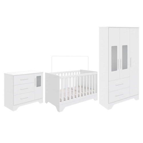 Dormitório Infantil Popy Retrô Plus Janelas Guarda Roupa, Cômoda e Berço Branco Brilho - Móveis Peroba