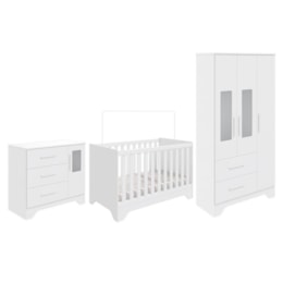 Dormitório Infantil Popy Retrô Plus Janelas Guarda Roupa, Cômoda e Berço Branco Brilho - Móveis Peroba