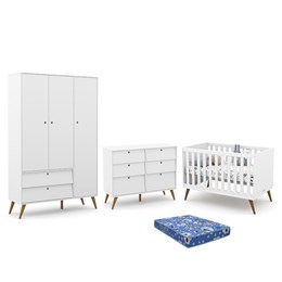 Dormitório Infantil Retrô Gold 3 Portas, Cômoda 6 Gavetas e Berço Branco Soft/Eco Wood com Colchão - Matic Móveis 