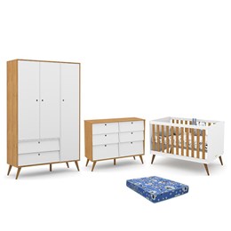 Dormitório Infantil Retrô Gold 3 Portas, Cômoda 6 Gavetas e Berço Branco Soft/Freijó/Eco Wood com Colchão - Matic Móveis 