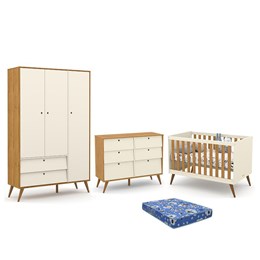 Dormitório Infantil Retrô Gold 3 Portas, Cômoda 6 Gavetas e Berço Off White/Freijó/Eco Wood com Colchão - Matic Móveis 