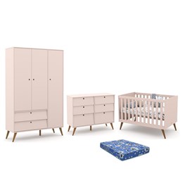 Dormitório Infantil Retrô Gold 3 Portas, Cômoda 6 Gavetas e Berço Rosê/Eco Wood com Colchão - Matic Móveis 