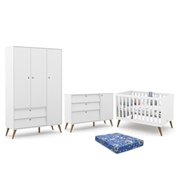 Dormitório Infantil Retrô Gold 3 Portas, Cômoda e Berço Branco Soft/Eco Wood com Colchão - Matic Móveis 