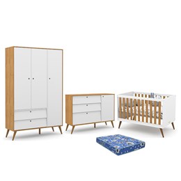 Dormitório Infantil Retrô Gold 3 Portas, Cômoda e Berço Branco Soft/Freijó/Eco Wood com Colchão - Matic Móveis 