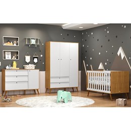 Dormitório Infantil Retrô Gold 3 Portas, Cômoda e Berço Freijó/Branco Soft/Eco Wood com Colchão - Matic Móveis 