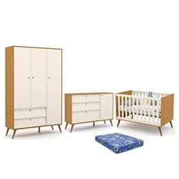 Dormitório Infantil Retrô Gold 3 Portas, Cômoda e Berço Freijó/Off White/Eco Wood com Colchão - Matic Móveis 