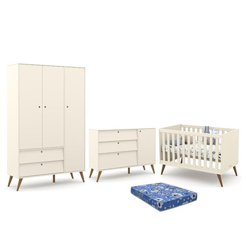 Dormitório Infantil Retrô Gold 3 Portas, Cômoda e Berço Off White/Eco Wood com Colchão - Matic Móveis 