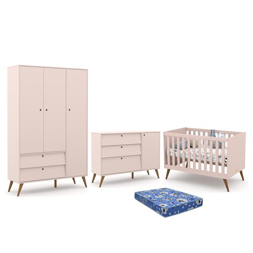 Dormitório Infantil Retrô Gold 3 Portas, Cômoda e Berço Rosê/Eco Wood com Colchão - Matic Móveis 