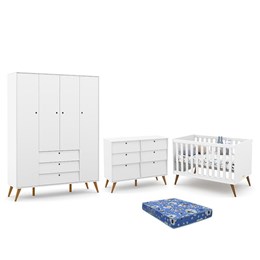 Dormitório Infantil Retrô Gold 4 Portas, Cômoda 6 Gavetas e Berço Branco Soft/Eco Wood com Colchão - Matic Móveis 