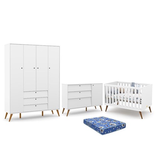 Dormitório Infantil Retrô Gold 4 Portas, Cômoda e Berço Branco Soft/Eco Wood com Colchão - Matic Móveis 