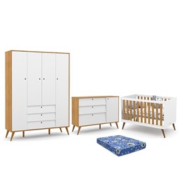 Dormitório Infantil Retrô Gold 4 Portas, Cômoda e Berço Branco Soft/Freijó/Eco Wood com Colchão - Matic Móveis 