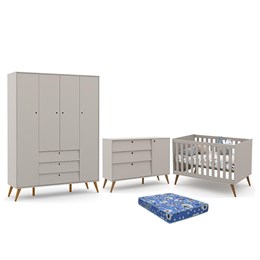 Dormitório Infantil Retrô Gold 4 Portas, Cômoda e Berço Cinza/Eco Wood com Colchão - Matic Móveis 