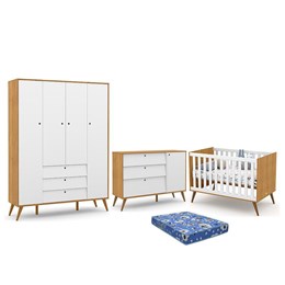 Dormitório Infantil Retrô Gold 4 Portas, Cômoda e Berço Freijó/Branco Soft/Eco Wood com Colchão - Matic Móveis 