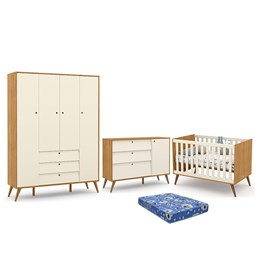 Dormitório Infantil Retrô Gold 4 Portas, Cômoda e Berço Freijó/Off White/Eco Wood com Colchão - Matic Móveis 
