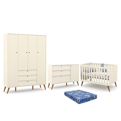 Dormitório Infantil Retrô Gold 4 Portas, Cômoda e Berço Off White/Eco Wood com Colchão - Matic Móveis 