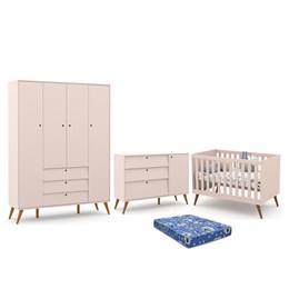 Dormitório Infantil Retrô Gold 4 Portas, Cômoda e Berço Rosê/Eco Wood com Colchão - Matic Móveis 