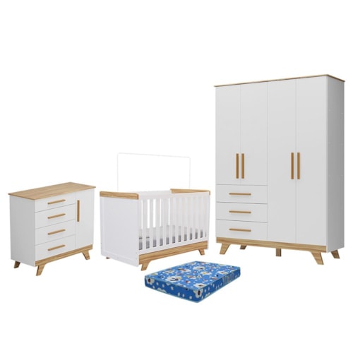 Dormitório Infantil Retrô Guarda Roupa, Cômoda e Berço Branco Brilho/Amêndoa com Colchão Baby Physical - Móveis Peroba