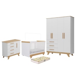Dormitório Infantil Retrô Guarda Roupa, Cômoda e Berço Branco Brilho/Amêndoa com Colchão Supreme - Móveis Peroba