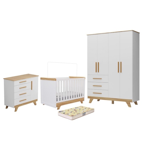 Dormitório Infantil Retrô Guarda Roupa, Cômoda e Berço Branco Brilho/Amêndoa com Colchão Supreme - Móveis Peroba