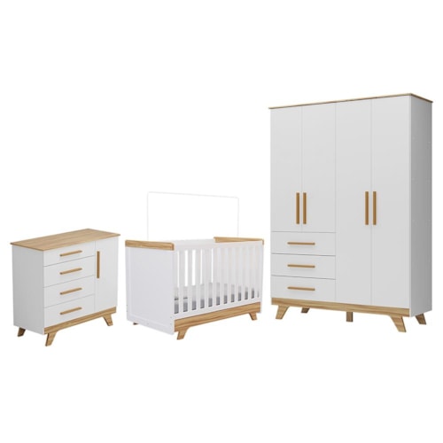 Dormitório Infantil Retrô Guarda Roupa, Cômoda e Berço Branco Brilho/Amêndoa - Móveis Peroba
