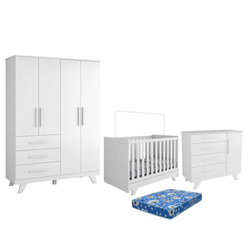 Dormitório Infantil Retrô Guarda Roupa, Cômoda e Berço Branco Brilho com Colchão Baby Physical - Móveis Peroba