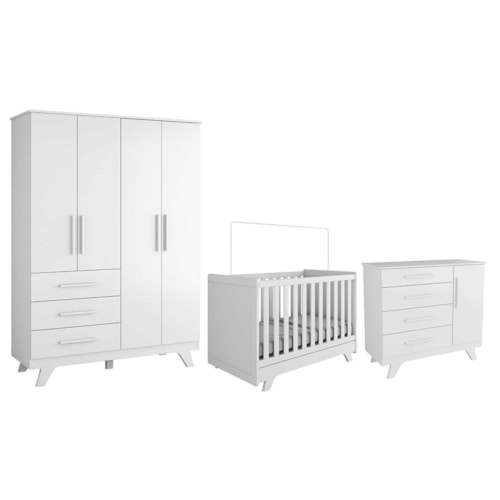 Dormitório Infantil Retrô Guarda Roupa, Cômoda e Berço Branco Brilho - Móveis Peroba