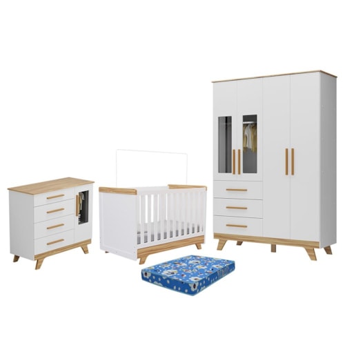 Dormitório Infantil Retrô Janelas Guarda Roupa, Cômoda e Berço Branco Brilho/Amêndoa com Colchão Baby Physical - Móveis Peroba