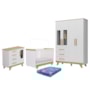 Dormitório Infantil Retrô Janelas Guarda Roupa, Cômoda e Berço Branco Brilho/Amêndoa com Colchão Baby Physical - Móveis Peroba