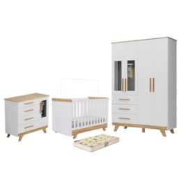 Dormitório Infantil Retrô Janelas Guarda Roupa, Cômoda e Berço Branco Brilho/Amêndoa com Colchão Supreme - Móveis Peroba