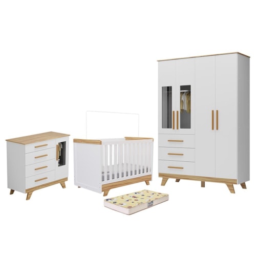 Dormitório Infantil Retrô Janelas Guarda Roupa, Cômoda e Berço Branco Brilho/Amêndoa com Colchão Supreme - Móveis Peroba