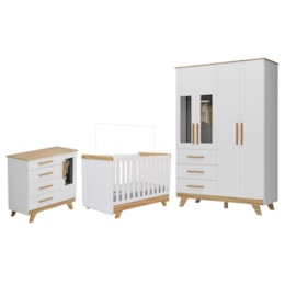 Dormitório Infantil Retrô Janelas Guarda Roupa, Cômoda e Berço Branco Brilho/Amêndoa - Móveis Peroba