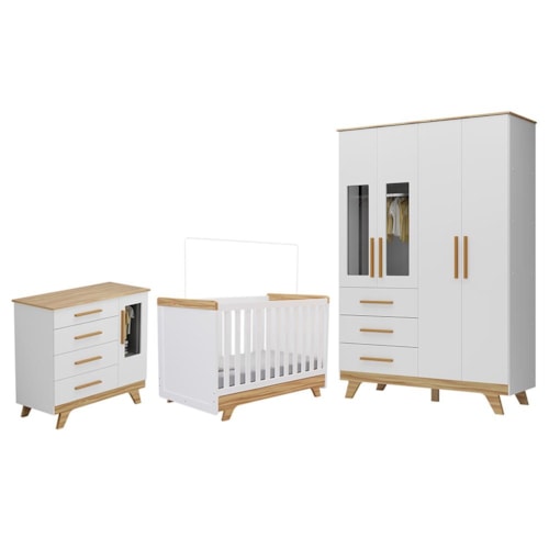 Dormitório Infantil Retrô Janelas Guarda Roupa, Cômoda e Berço Branco Brilho/Amêndoa - Móveis Peroba