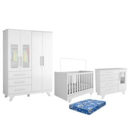 Dormitório Infantil Retrô Janelas Guarda Roupa, Cômoda e Berço Branco Brilho com Colchão Baby Physical - Móveis Peroba Dormitório Infantil Retrô Janelas Guarda Roupa, Cômoda e Berço Branco Brilho com Colchão Baby Physical - Móveis Peroba